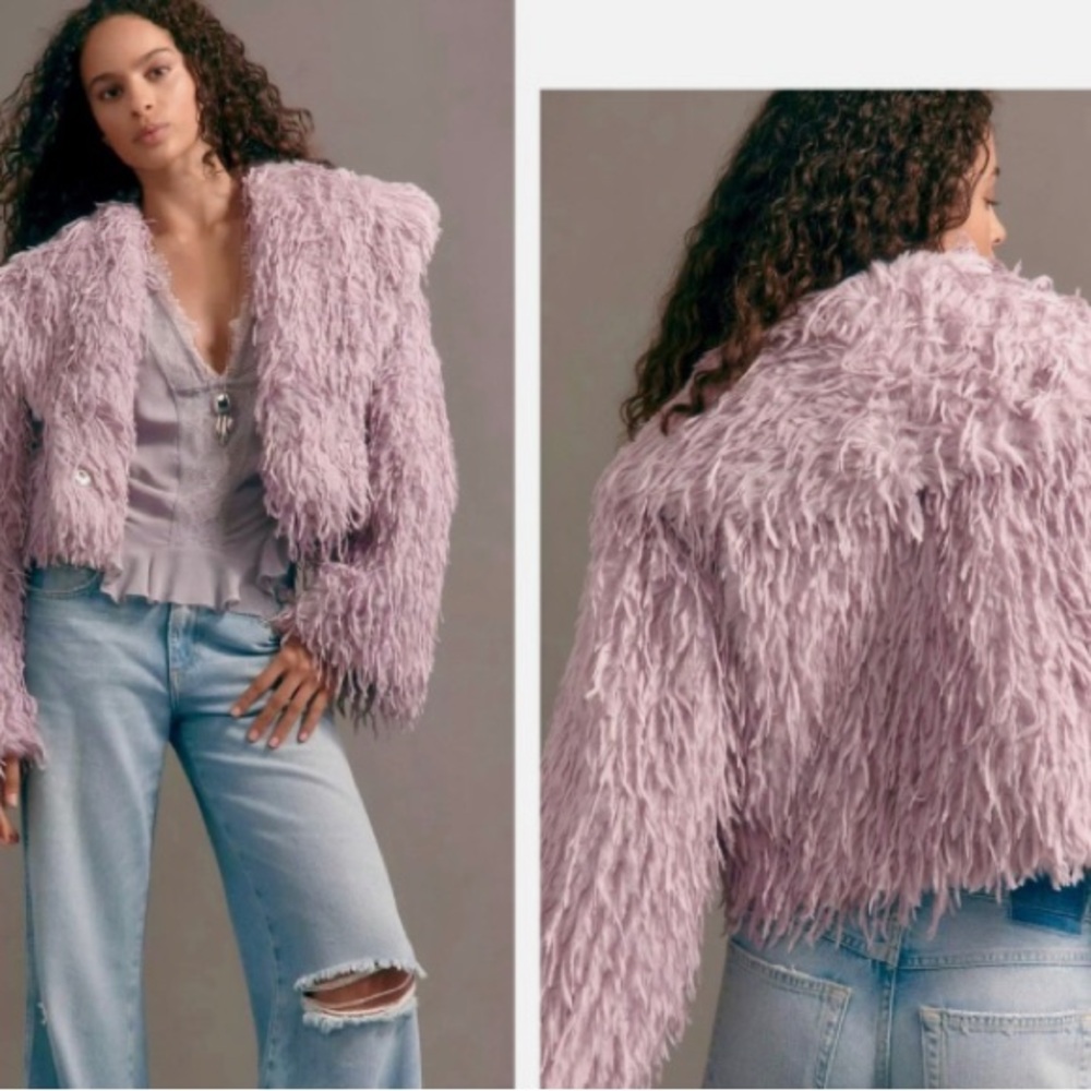 Anthropologie Faux-Feather Fuzzy Crop Jacket Size L